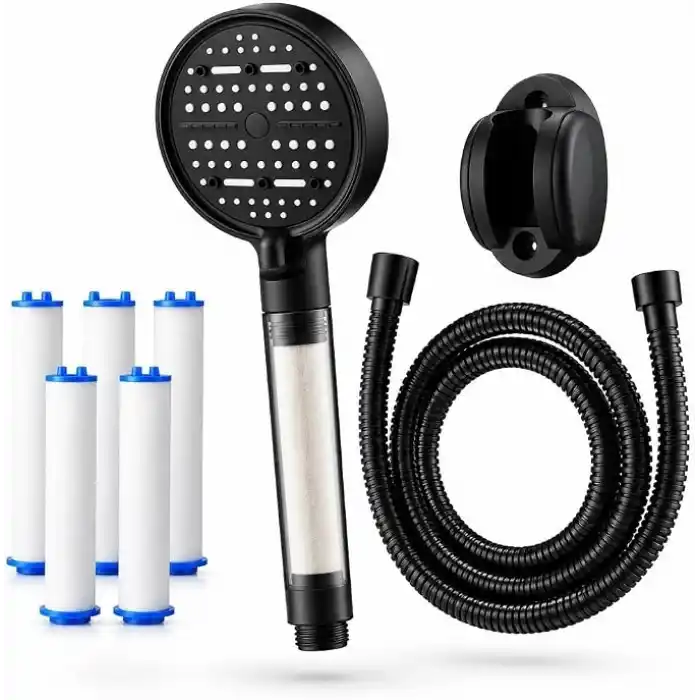 6 Fonksiyonlu Arıtmalı Duş Başlığı Seti, Mat Siyah, Kireç Arıtıcı Banyo Filtresi, Saç ve Cilt Koruyucu, Spiral Hortum, Duvar Aparatı, 5 Yedek Filtreli Komple Set