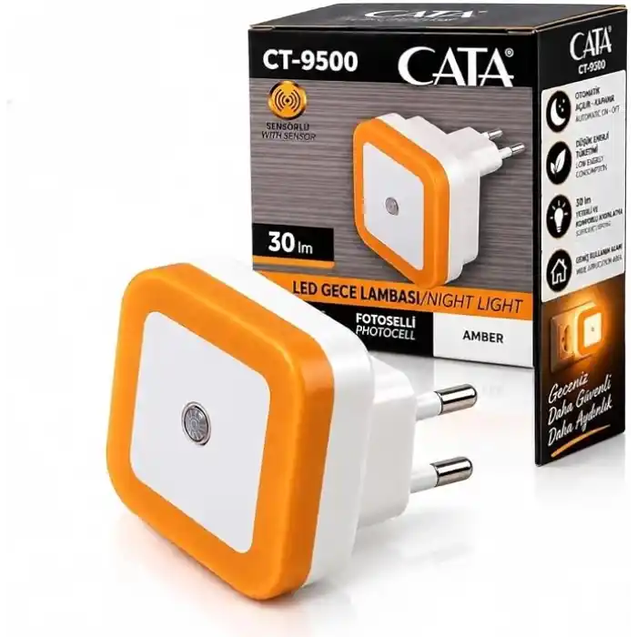 CATA CT-9500 LED Gece Lambası Amber Turuncu – Fotoselli Sensörlü Priz Tipi Gece Işığı, 30 lm, Otomatik Açma Kapama, Düşük Enerji Tüketimi