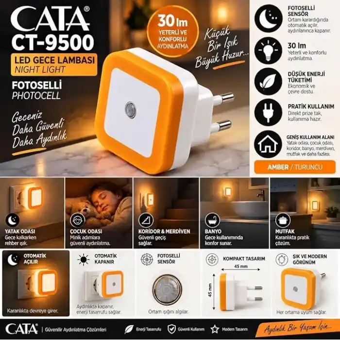 CATA CT-9500 LED Gece Lambası Amber Turuncu – Fotoselli Sensörlü Priz Tipi Gece Işığı, 30 lm, Otomatik Açma Kapama, Düşük Enerji Tüketimi