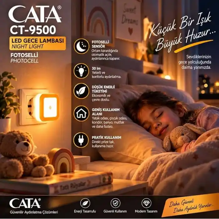 CATA CT-9500 LED Gece Lambası Amber Turuncu – Fotoselli Sensörlü Priz Tipi Gece Işığı, 30 lm, Otomatik Açma Kapama, Düşük Enerji Tüketimi