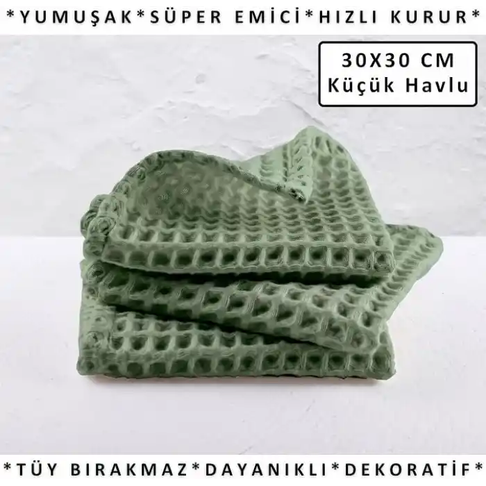 PÜSKÜL Adaçayı Yeşil, Pakette 3-Adet 30x30 cm Mutfak Havlusu, Misafir Havlu