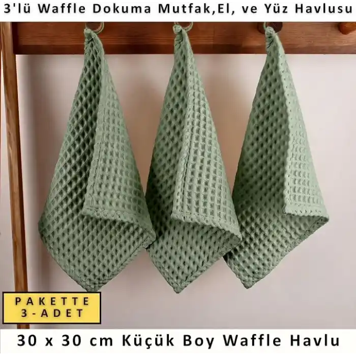 PÜSKÜL Adaçayı Yeşil, Pakette 3-Adet 30x30 cm Mutfak Havlusu, Misafir Havlu