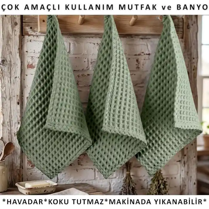 PÜSKÜL Adaçayı Yeşil, Pakette 3-Adet 30x30 cm Mutfak Havlusu, Misafir Havlu