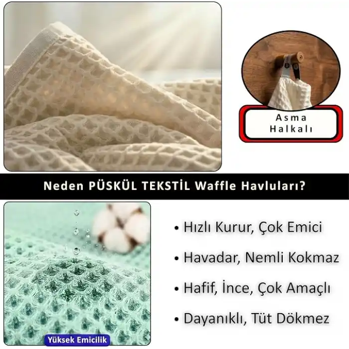 PÜSKÜL Adaçayı Yeşil, Pakette 3-Adet 30x30 cm Mutfak Havlusu, Misafir Havlu