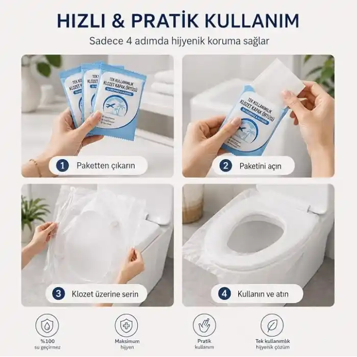 Tek Kullanımlık Hijyenik Klozet Kapağı Örtüsü 50 Adet – Seyahat, Kamp, Otel ve Umumi Tuvaletler İçin Taşınabilir Tuvalet Kapağı Koruyucu, Su Geçirmez ve Hijyenik Kullanım