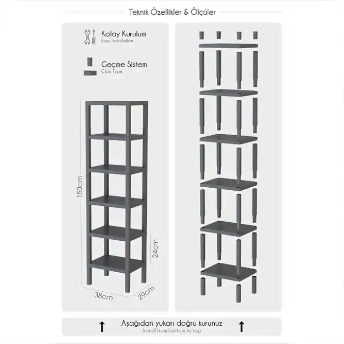 Deconox 6 Katlı Köşe Rafı | Banyo, Mutfak ve Kiler İçin Yer Tasarruflu Organizer | Çok Amaçlı Plastik Raf | 3 Farklı Renk Seçeneği (38x29x152 cm) Dikey ve Yatay Kullanım (BEYAZ)