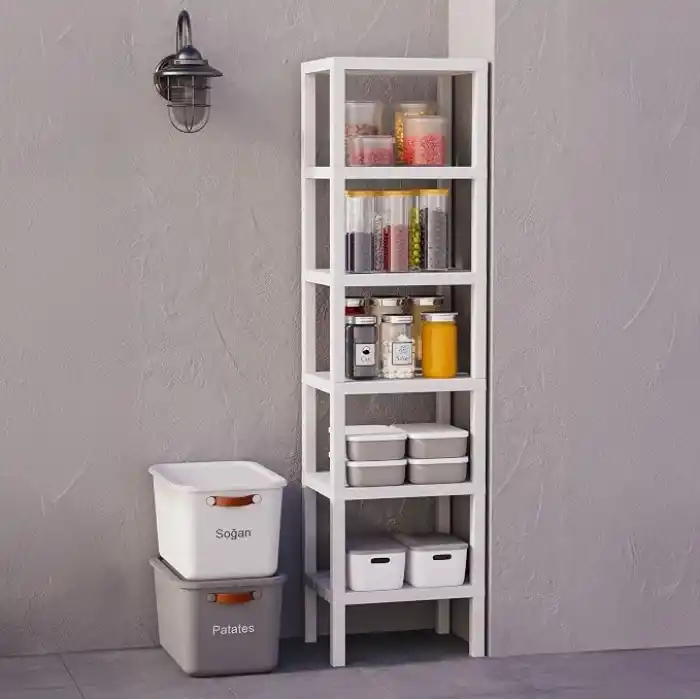 Deconox 6 Katlı Köşe Rafı | Banyo, Mutfak ve Kiler İçin Yer Tasarruflu Organizer | Çok Amaçlı Plastik Raf | 3 Farklı Renk Seçeneği (38x29x152 cm) Dikey ve Yatay Kullanım (BEYAZ)