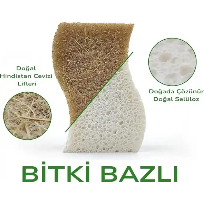 Bitki Bazlı Doğal Bulaşık Süngeri 6’lı Paket, Ekstra Dayanıklı, Koku tutmaz, Çizmeden Temizler, Hindistan Cevizi Lifi ve Selüloz
