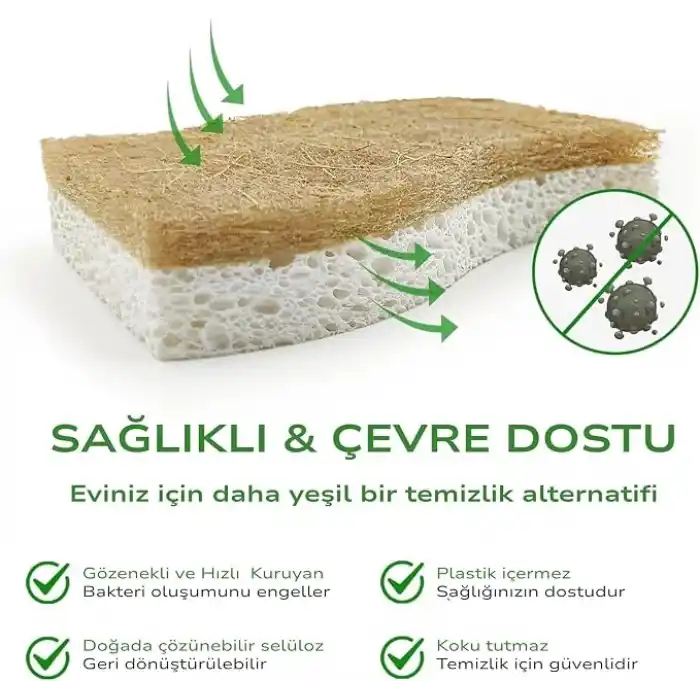 Bitki Bazlı Doğal Bulaşık Süngeri 6’lı Paket, Ekstra Dayanıklı, Koku tutmaz, Çizmeden Temizler, Hindistan Cevizi Lifi ve Selüloz