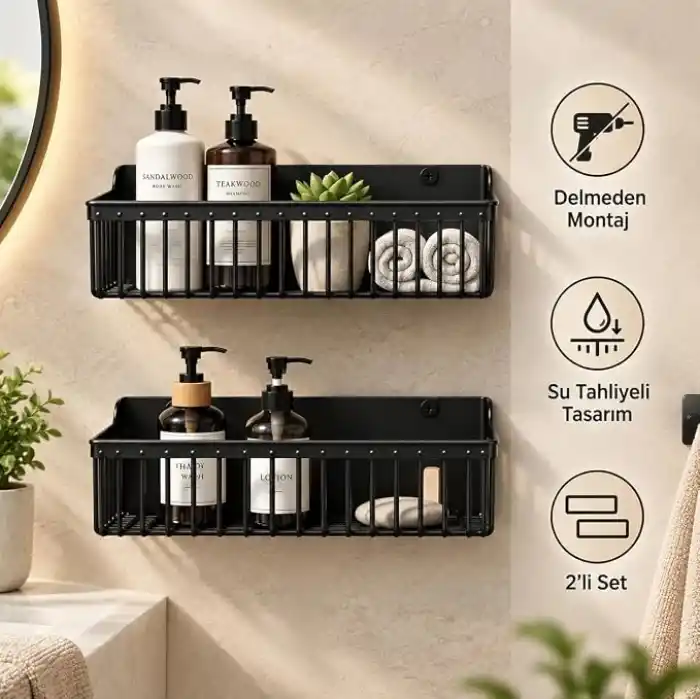 Deinhaus 2’li Yapışkanlı Banyo ve Mutfak Rafı, Siyah Plastik 25 x 10 x 10 cm, Su Tahliyeli Duş Organizeri, Askılı Duvar Düzenleyici