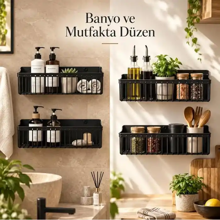Deinhaus 2’li Yapışkanlı Banyo ve Mutfak Rafı, Siyah Plastik 25 x 10 x 10 cm, Su Tahliyeli Duş Organizeri, Askılı Duvar Düzenleyici