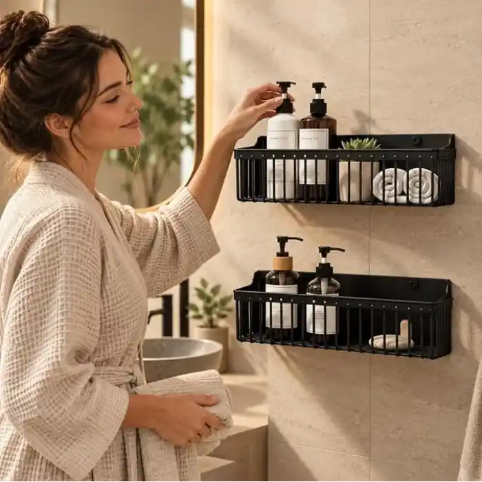 Deinhaus 2’li Yapışkanlı Banyo ve Mutfak Rafı, Siyah Plastik 25 x 10 x 10 cm, Su Tahliyeli Duş Organizeri, Askılı Duvar Düzenleyici