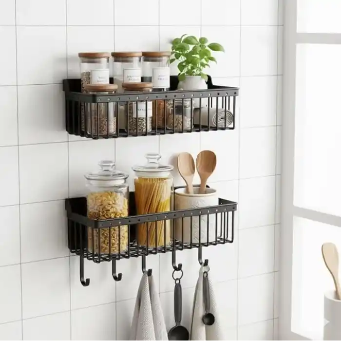Deinhaus 2’li Yapışkanlı Banyo ve Mutfak Rafı, Siyah Plastik 25 x 10 x 10 cm, Su Tahliyeli Duş Organizeri, Askılı Duvar Düzenleyici
