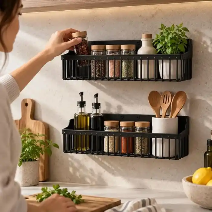 Deinhaus 2’li Yapışkanlı Banyo ve Mutfak Rafı, Siyah Plastik 25 x 10 x 10 cm, Su Tahliyeli Duş Organizeri, Askılı Duvar Düzenleyici