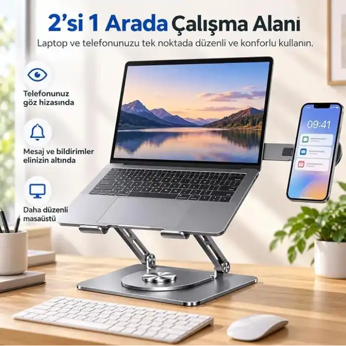 McStorey 2si 1 Arada Laptop Standı, Karbon Çelik 360° Döner Yükseklik Ayarlı, Gizlenebilir MagSafe Uyumlu Telefon Tutuculu Notebook Standı, MacBook Uyumlu, 17.3 İnçe Kadar Gri