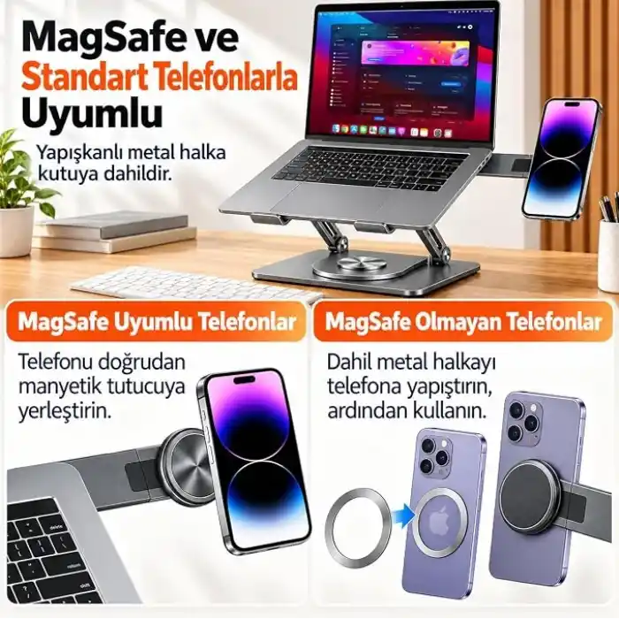 McStorey 2si 1 Arada Laptop Standı, Karbon Çelik 360° Döner Yükseklik Ayarlı, Gizlenebilir MagSafe Uyumlu Telefon Tutuculu Notebook Standı, MacBook Uyumlu, 17.3 İnçe Kadar Gri