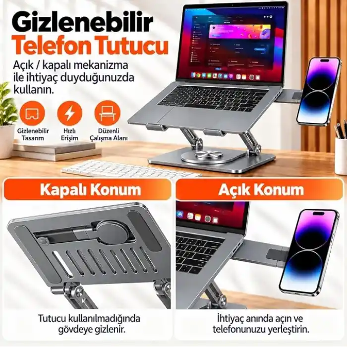 McStorey 2si 1 Arada Laptop Standı, Karbon Çelik 360° Döner Yükseklik Ayarlı, Gizlenebilir MagSafe Uyumlu Telefon Tutuculu Notebook Standı, MacBook Uyumlu, 17.3 İnçe Kadar Gri
