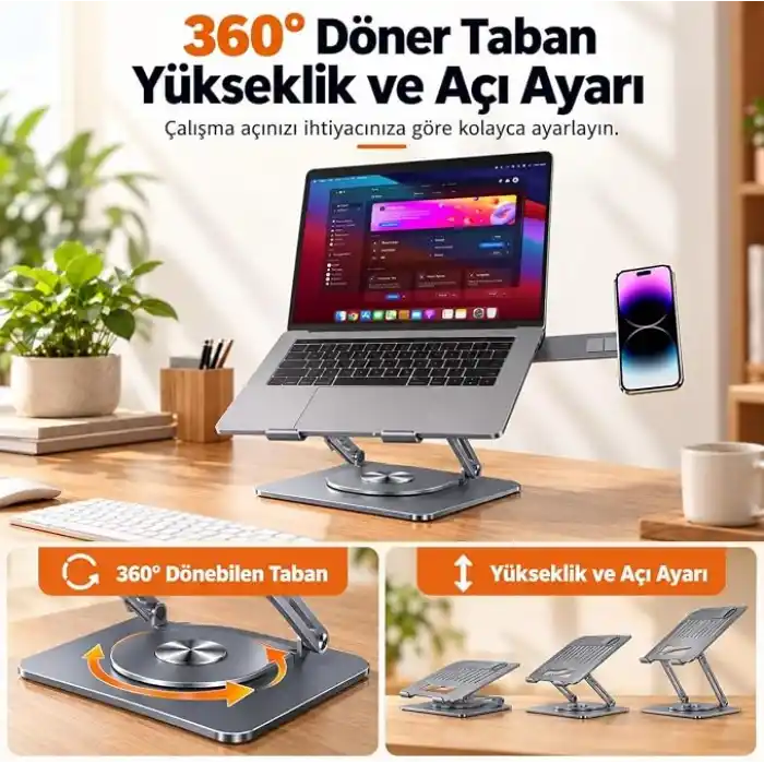 McStorey 2si 1 Arada Laptop Standı, Karbon Çelik 360° Döner Yükseklik Ayarlı, Gizlenebilir MagSafe Uyumlu Telefon Tutuculu Notebook Standı, MacBook Uyumlu, 17.3 İnçe Kadar Gri
