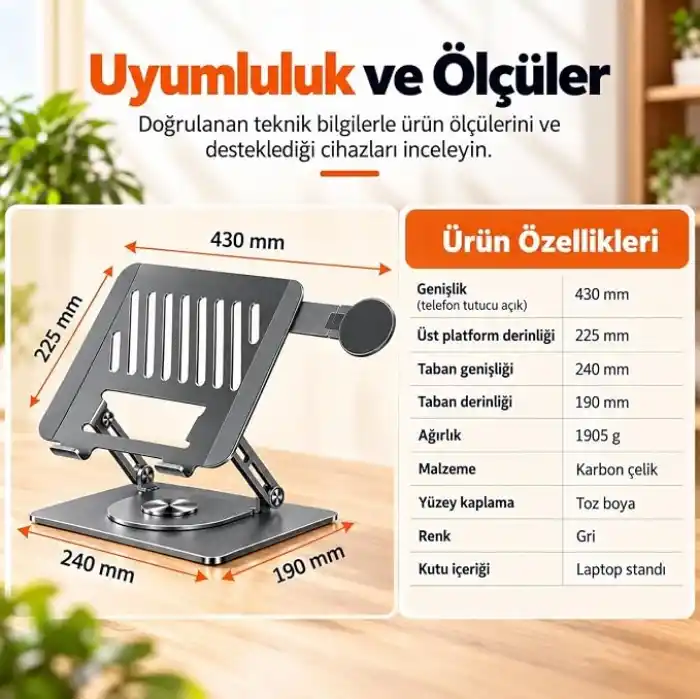 McStorey 2si 1 Arada Laptop Standı, Karbon Çelik 360° Döner Yükseklik Ayarlı, Gizlenebilir MagSafe Uyumlu Telefon Tutuculu Notebook Standı, MacBook Uyumlu, 17.3 İnçe Kadar Gri