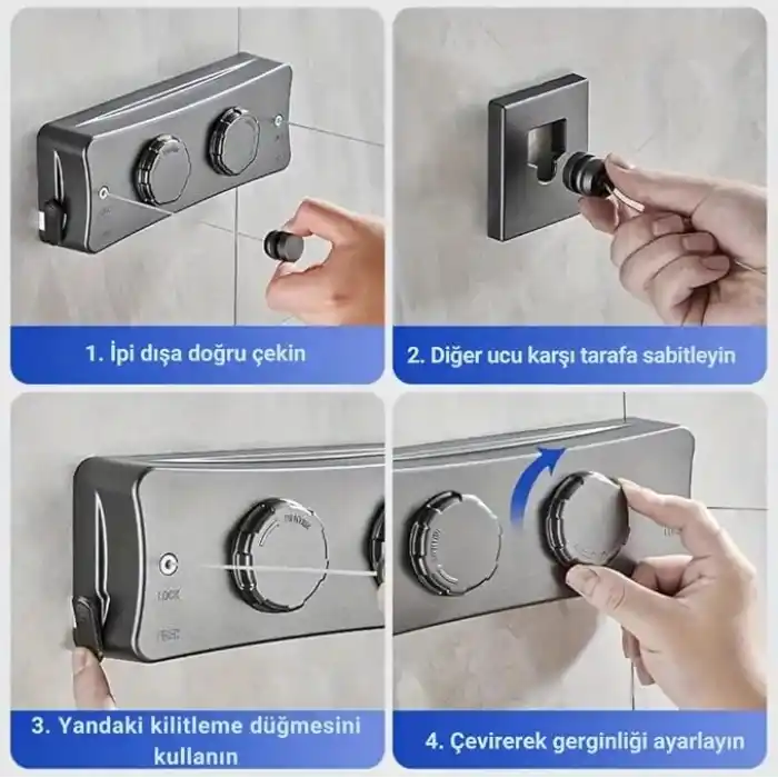Polham 5.1 Metre Uzayabilir Çift Halatlı Çelik Dayanıklı Çek-Bırak Çamaşır İpi, 40 KG Taşıma Kapasiteli