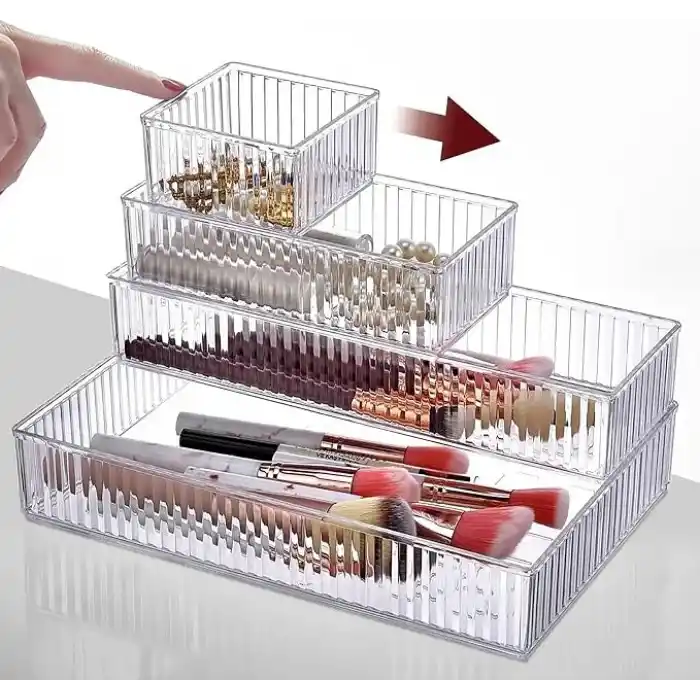 Promosyonca 6 Parça Organizer Çekmece İçi Düzenleyici, Şeffaf Kristal Plastik Düzenleyici Seti, Plastik Organizer Kutular | Makyaj, Ofis, Mutfak ve Banyo Düzeni İçin 6 Farklı Boyda Şeffaf Kutu