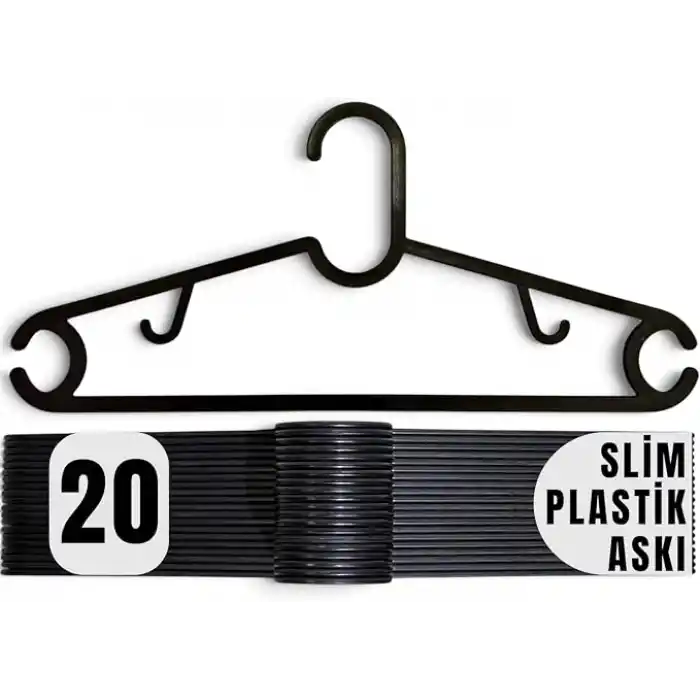Askı, Elbise Askısı Çift Kancalı Slim Dolap Askılık, Siyah 20 Adet