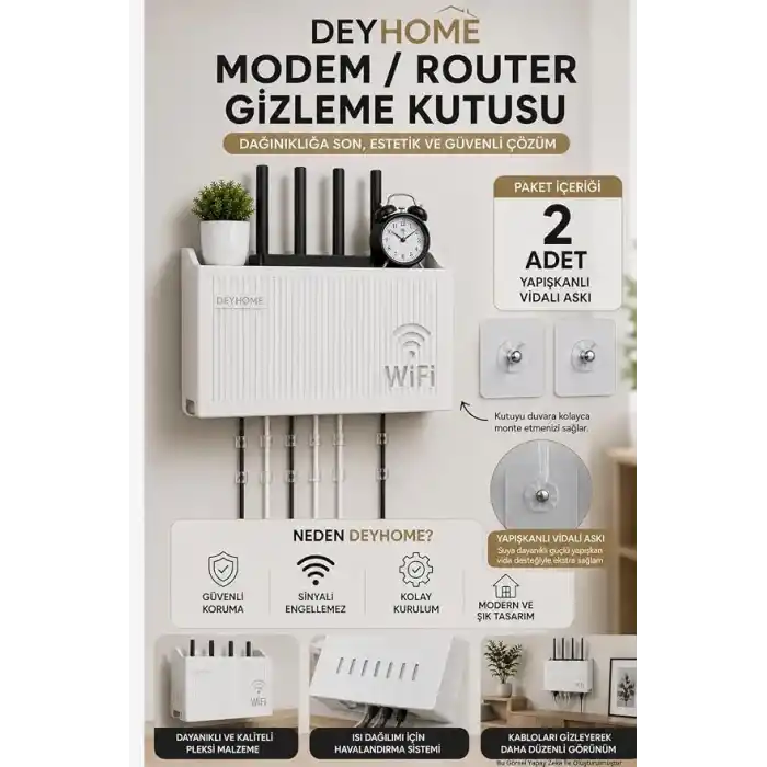3lü Set Modem Gizleme Kutusu | Wi-Fi Router Saklama Kutusu | Pleksi Duvar Tipi Modem Koruyucu + 20 Adet Kablo Düzenleyici + 2 Adet Yapışkanlı Vidalı Askı Hediyeli (3, 3Lü Set)