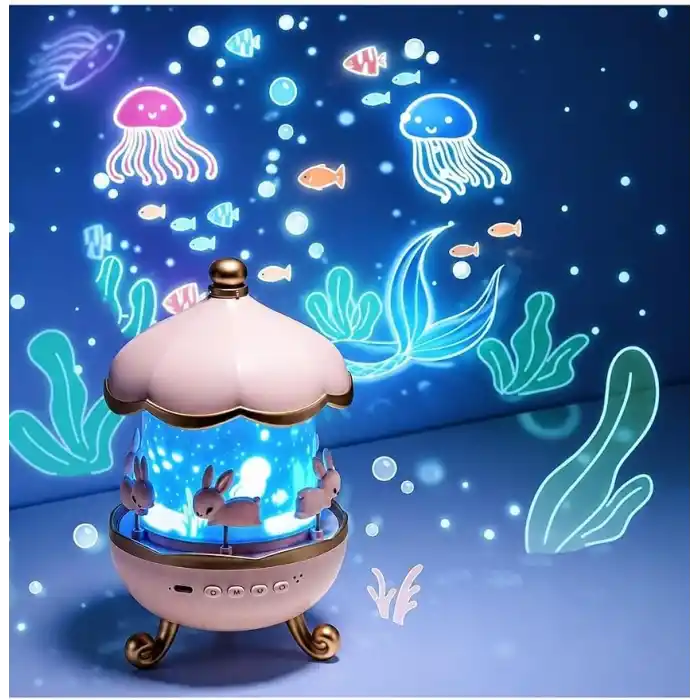 Coverzone Bunny’s Carousel Gece Lambası Projeksiyonlu Müzikli Atlıkarınca Tasarım | Kablolu 5V USB Çalışma | Tavşan Figürlü Döner Işıklı Çocuk Odası Yıldız Tavan Projektör Gece Işığı | WH-E11