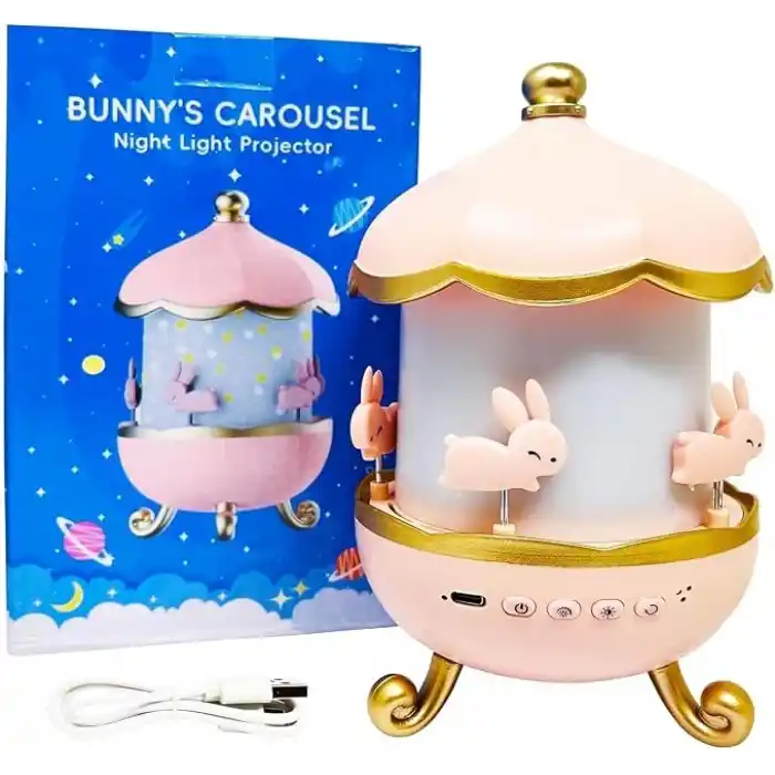 Coverzone Bunny’s Carousel Gece Lambası Projeksiyonlu Müzikli Atlıkarınca Tasarım | Kablolu 5V USB Çalışma | Tavşan Figürlü Döner Işıklı Çocuk Odası Yıldız Tavan Projektör Gece Işığı | WH-E11