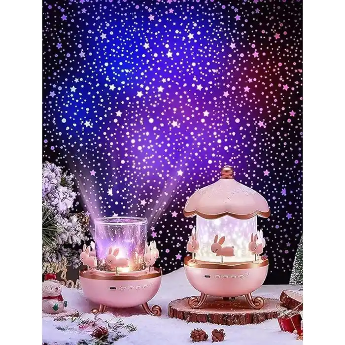 Coverzone Bunny’s Carousel Gece Lambası Projeksiyonlu Müzikli Atlıkarınca Tasarım | Kablolu 5V USB Çalışma | Tavşan Figürlü Döner Işıklı Çocuk Odası Yıldız Tavan Projektör Gece Işığı | WH-E11