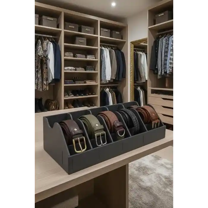 TİNEKE 5 Bölmeli Kemer Çorap Takı Makyaj Organizeri Dolap İçi Kemer Düzenleyici Organizer GRİ