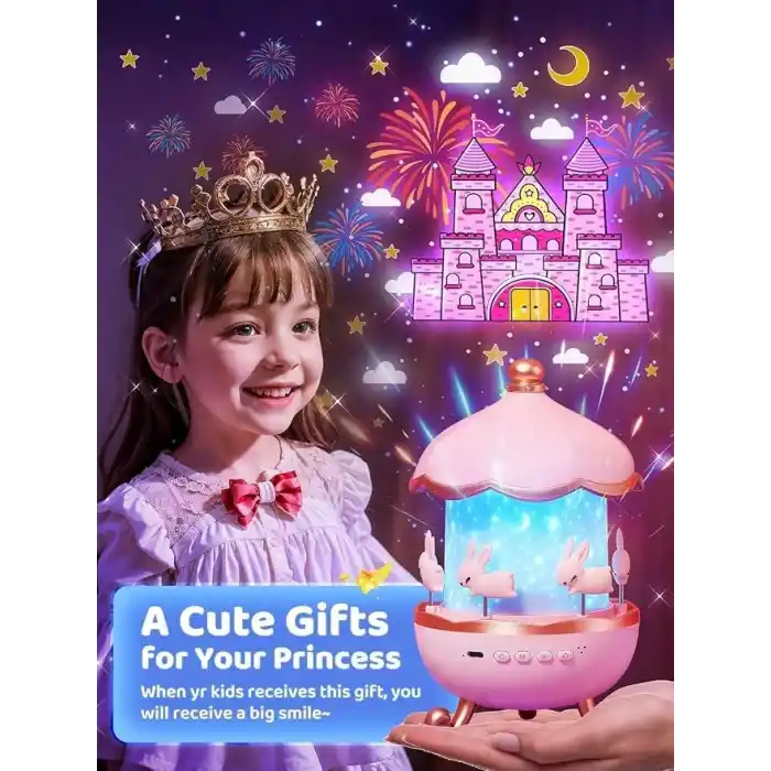 Coverzone Bunny’s Carousel Gece Lambası Projeksiyonlu Müzikli Atlıkarınca Tasarım | Kablolu 5V USB Çalışma | Tavşan Figürlü Döner Işıklı Çocuk Odası Yıldız Tavan Projektör Gece Işığı | WH-E11