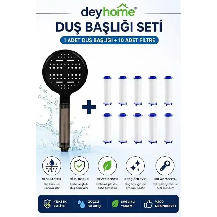 6 Fonksiyonlu Filtreli Duş Başlığı – Basınç Artırıcı Çok Modlu Duş Sistemi + 10 Adet Yedek Filtre | Kireç Önleyici Su Tasarruflu Duş Başlığı Seti (Siyah)