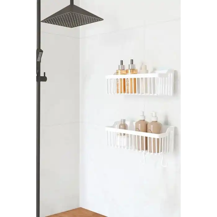 ATA HOME Banyor Yapışkanlı Banyo Rafı, 2li Banyo Düzenleyici Organizer Duş Şampuanlık, Plastik Beyaz