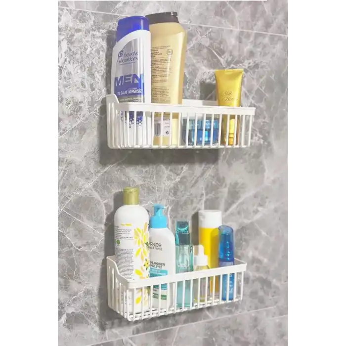 ATA HOME Banyor Yapışkanlı Banyo Rafı, 2li Banyo Düzenleyici Organizer Duş Şampuanlık, Plastik Beyaz