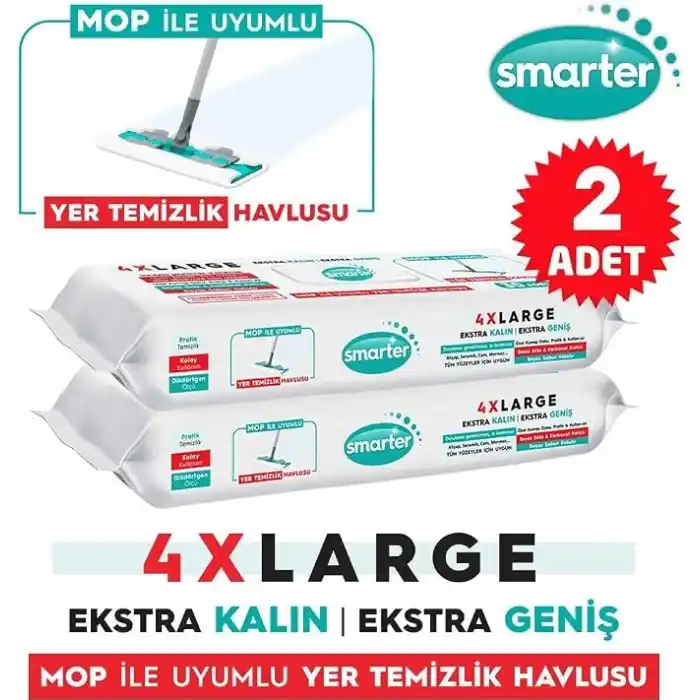 Smarter 2 Adet Yer Temizlik Havlusu Bezi 4XL Mopa Uyumlu Yüzey Beyaz Sabun Kokulu Sirke ve Karbonat Katkılı 60 Yaprak