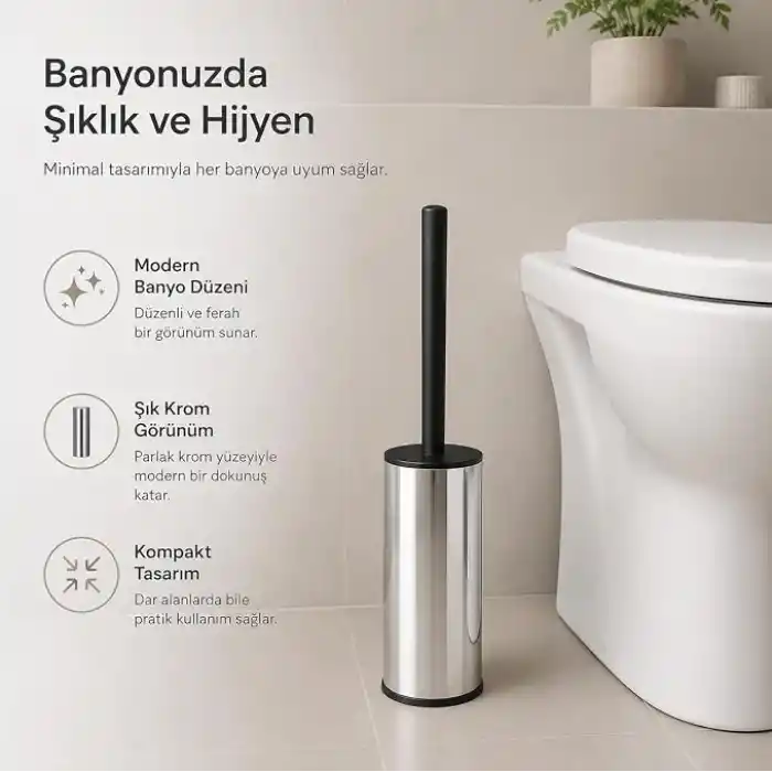 Alper Banyo Krom Klozet Fırçası, Paslanmaz Görünümlü Tuvalet Fırçası, Siyah Saplı Modern WC Fırçalık, Banyolar İçin Kompakt ve Şık Tasarım