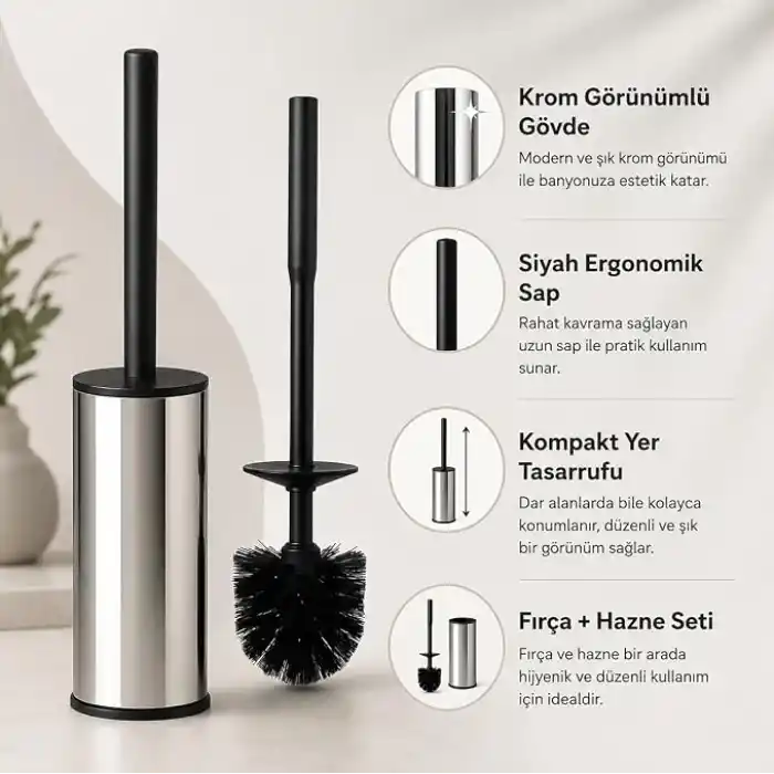 Alper Banyo Krom Klozet Fırçası, Paslanmaz Görünümlü Tuvalet Fırçası, Siyah Saplı Modern WC Fırçalık, Banyolar İçin Kompakt ve Şık Tasarım