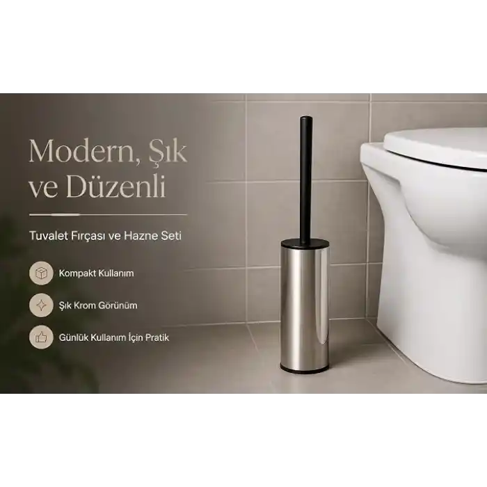 Alper Banyo Krom Klozet Fırçası, Paslanmaz Görünümlü Tuvalet Fırçası, Siyah Saplı Modern WC Fırçalık, Banyolar İçin Kompakt ve Şık Tasarım