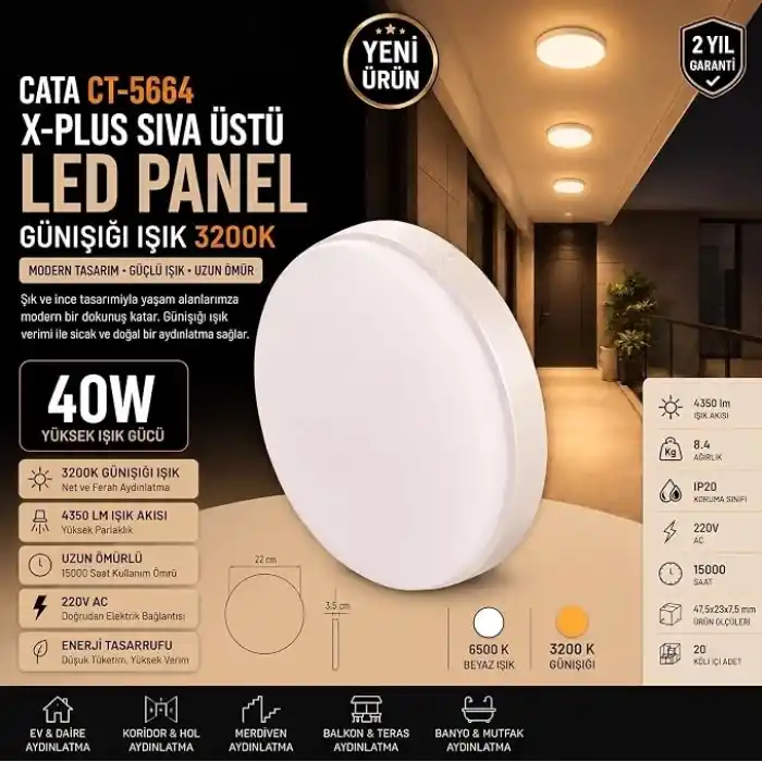 Cata CT-5664B 40W Sıva Üstü X Plus LED Panel - Beyaz