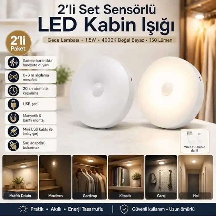 2’li Set Sensörlü LED Kabin Işığı Gece Lambası | 1,5W | 4000K Doğal Beyaz | 150 Lümen | USB Şarjlı | Manyetik & Bantlı | Mutfak Dolabı, Merdiven, Gardırop Aydınlatma Karanlıkta Harekete Duyarlı