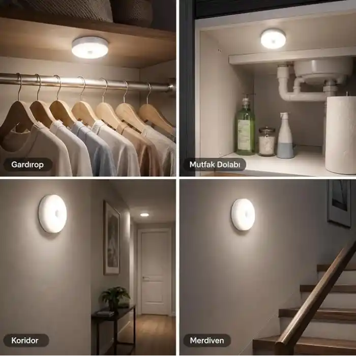 2’li Set Sensörlü LED Kabin Işığı Gece Lambası | 1,5W | 4000K Doğal Beyaz | 150 Lümen | USB Şarjlı | Manyetik & Bantlı | Mutfak Dolabı, Merdiven, Gardırop Aydınlatma Karanlıkta Harekete Duyarlı