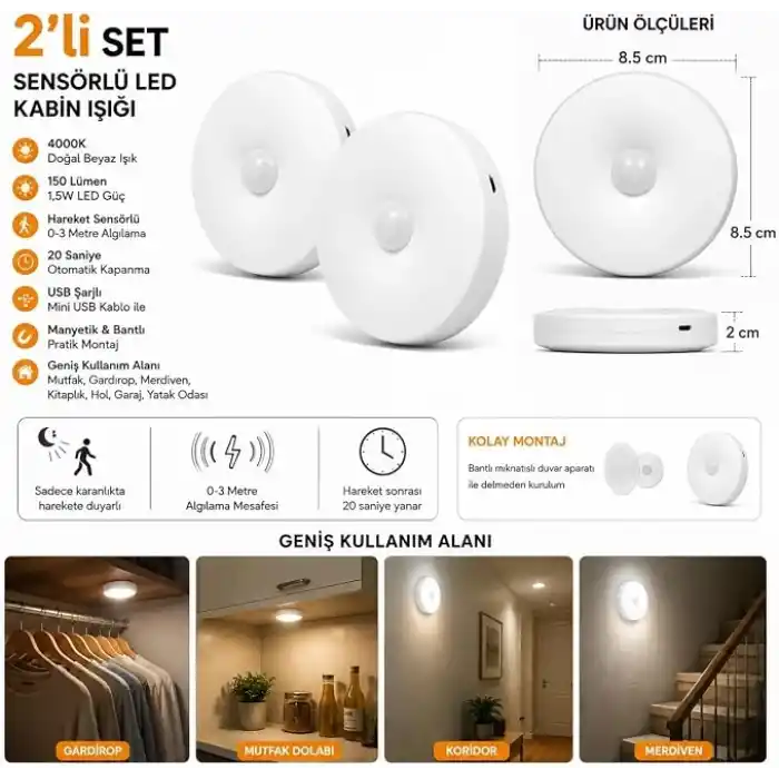 2’li Set Sensörlü LED Kabin Işığı Gece Lambası | 1,5W | 4000K Doğal Beyaz | 150 Lümen | USB Şarjlı | Manyetik & Bantlı | Mutfak Dolabı, Merdiven, Gardırop Aydınlatma Karanlıkta Harekete Duyarlı
