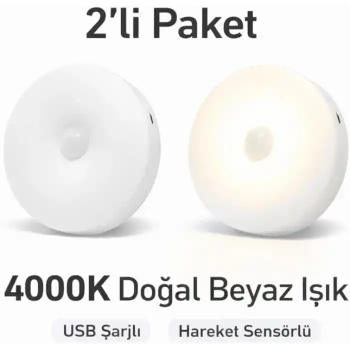 2’li Set Sensörlü LED Kabin Işığı Gece Lambası | 1,5W | 4000K Doğal Beyaz | 150 Lümen | USB Şarjlı | Manyetik & Bantlı | Mutfak Dolabı, Merdiven, Gardırop Aydınlatma Karanlıkta Harekete Duyarlı