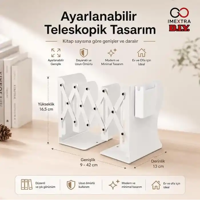 Ayarlanabilir Teleskopik Metal Kitap Tutucu, Masaüstü Kitap Desteği ve Raf Düzenleyici Stand, 9-42 cm Genişleyebilir, Mıknatıslı Kalemlik Hediyeli (Siyah)