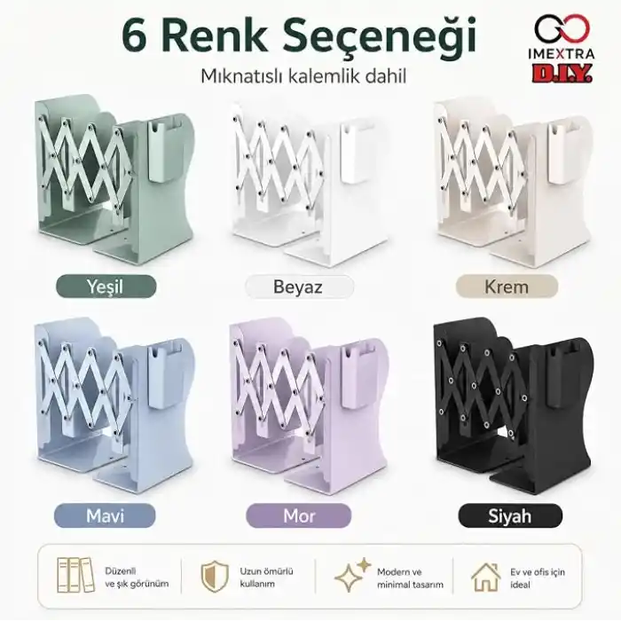 Ayarlanabilir Teleskopik Metal Kitap Tutucu, Masaüstü Kitap Desteği ve Raf Düzenleyici Stand, 9-42 cm Genişleyebilir, Mıknatıslı Kalemlik Hediyeli (Siyah)