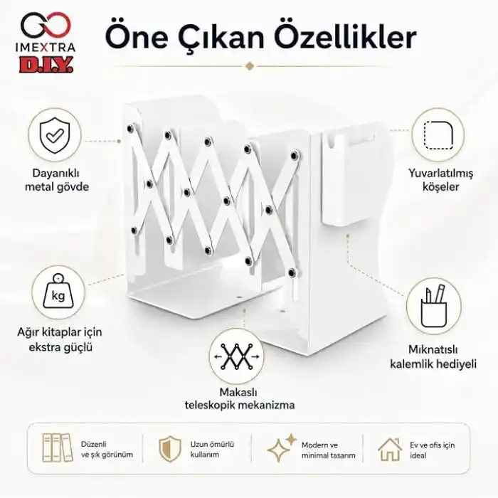 Ayarlanabilir Teleskopik Metal Kitap Tutucu, Masaüstü Kitap Desteği ve Raf Düzenleyici Stand, 9-42 cm Genişleyebilir, Mıknatıslı Kalemlik Hediyeli (Siyah)