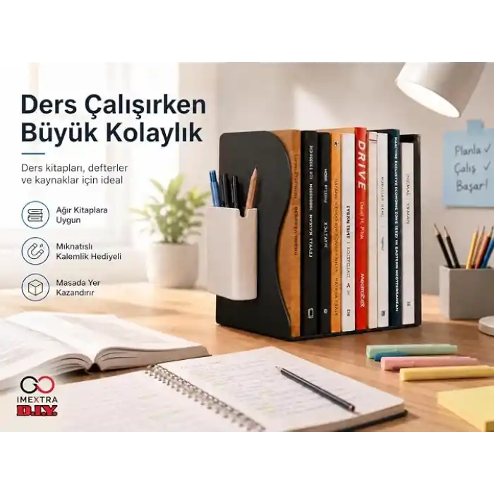 Ayarlanabilir Teleskopik Metal Kitap Tutucu, Masaüstü Kitap Desteği ve Raf Düzenleyici Stand, 9-42 cm Genişleyebilir, Mıknatıslı Kalemlik Hediyeli (Siyah)