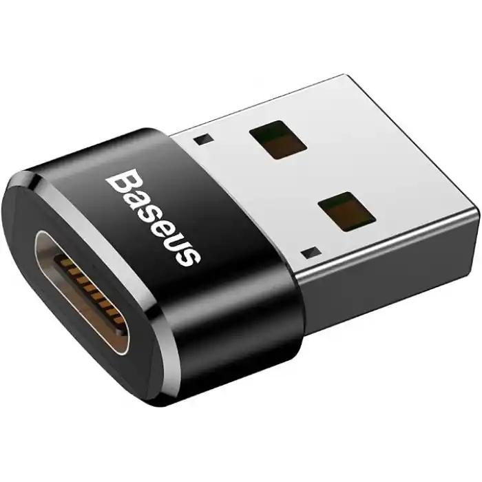 Baseus, Bilgisayar/Telefon Mini Hub Adaptörü, Siyah, 3A, Giriş: USB Type A 2.0, Çıkış: USB Type C,Seyahat Boy, Hafif