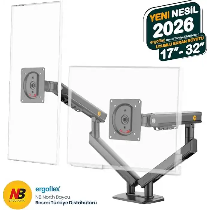North Bayou NB A5C Ergonomic 17-32 inch Çift Kol 2-9 kg Kapasiteli Yeni Nesil Profosyonel Monitör Standı (Siyah)